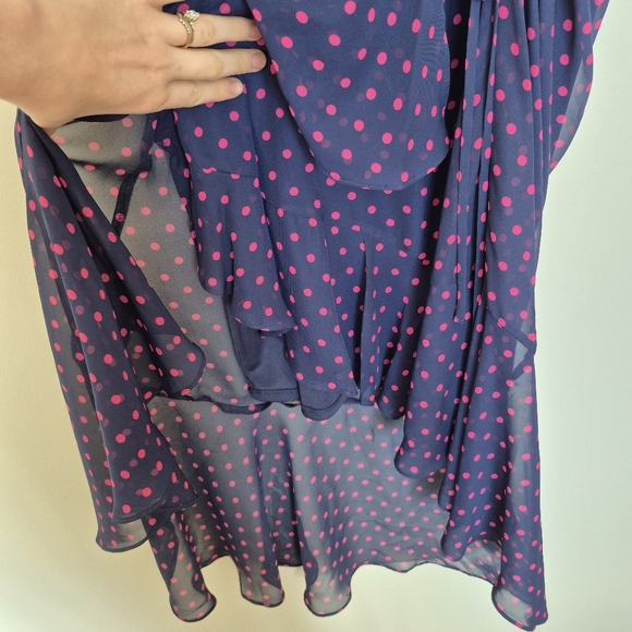 Laura Women's Feminine Navy & Pink Poka Dot Ruffle Asymmetrical Dress Size 4/S - Picture 5 of 9